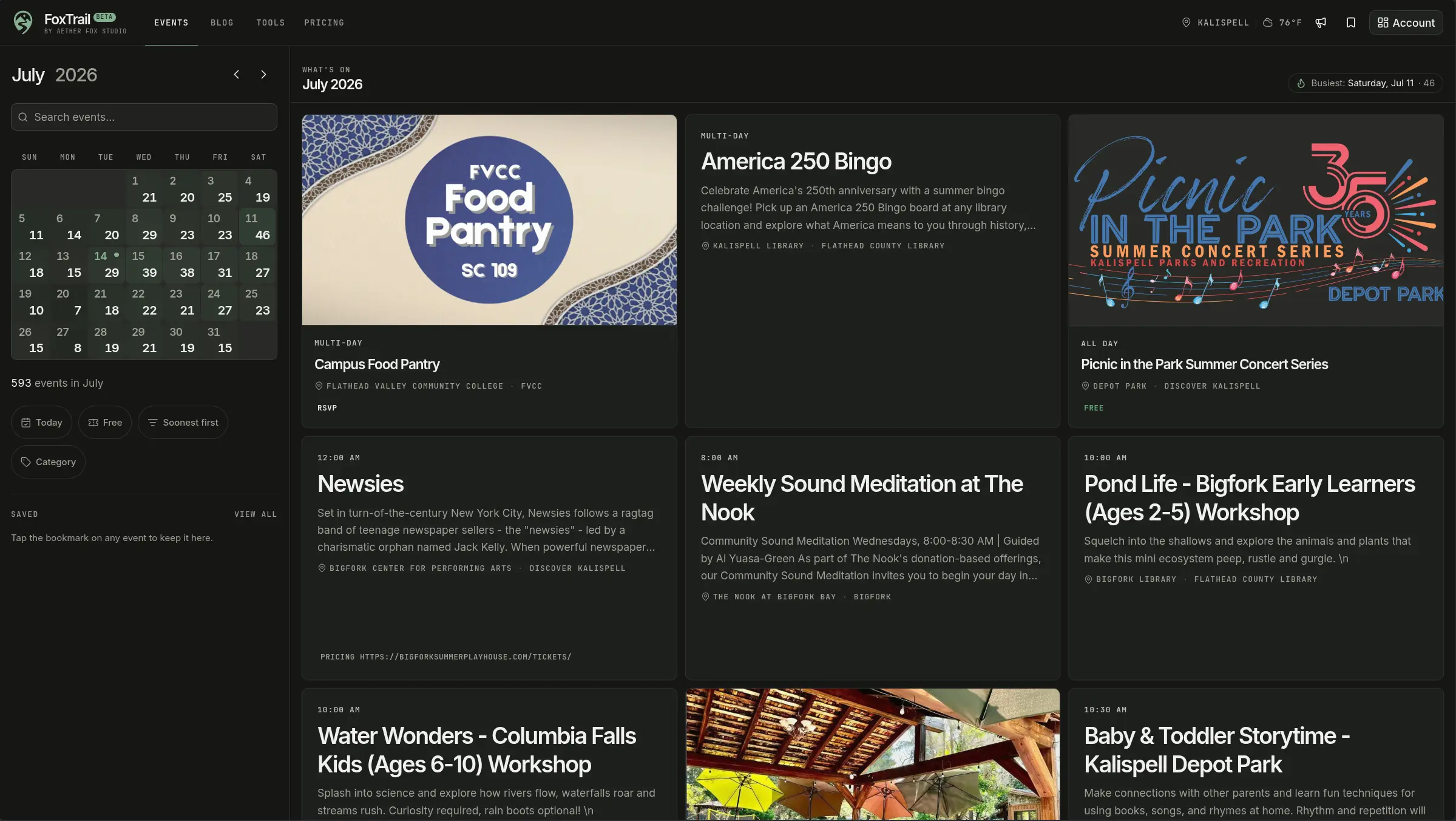 FoxTrail event browser showing the calendar sidebar and upcoming events.