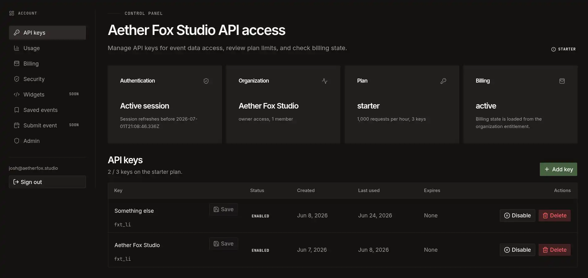 FoxTrail API keys screen showing plan, billing status, and key controls