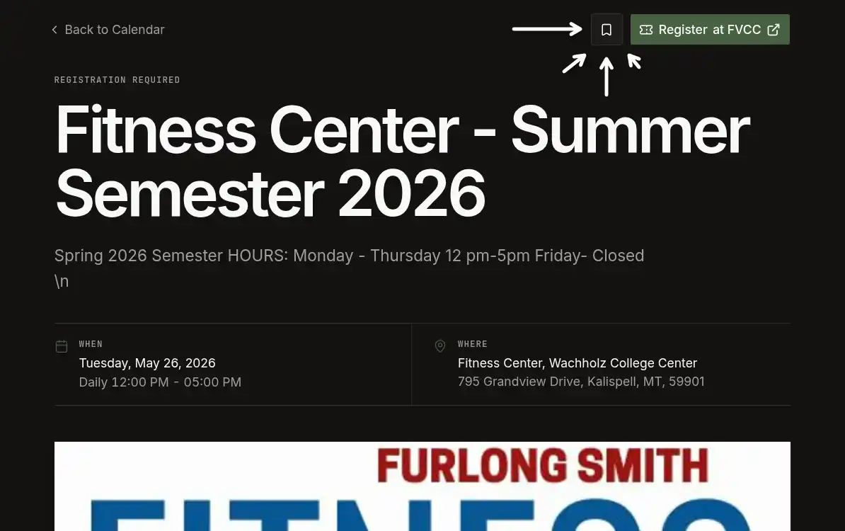 FoxTrail event page with a bookmark button beside the registration button