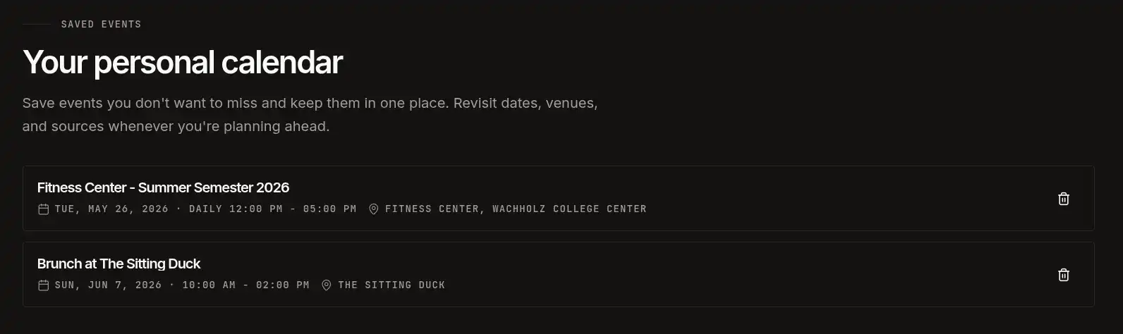 Saved events list in a FoxTrail account