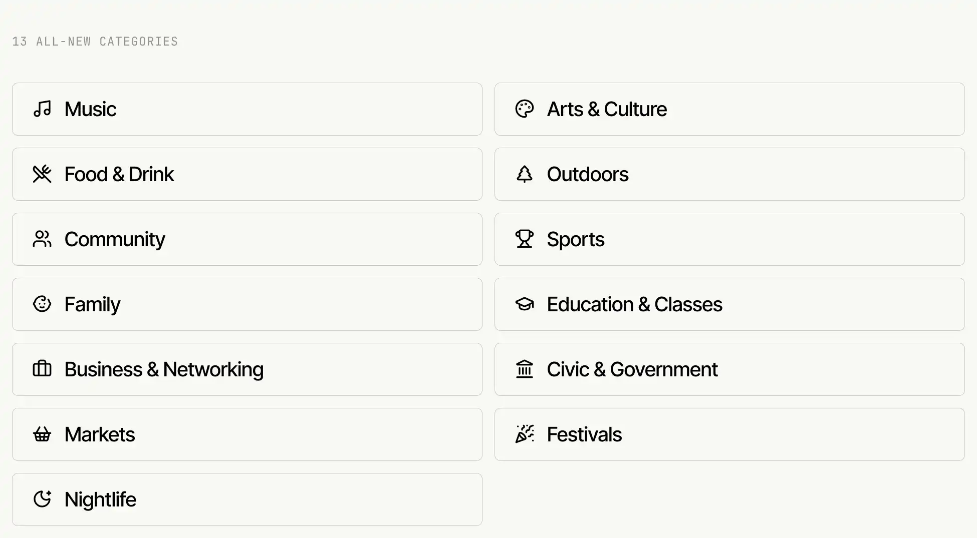 FoxTrail's event categories with Music, Outdoors, Family, and other options.